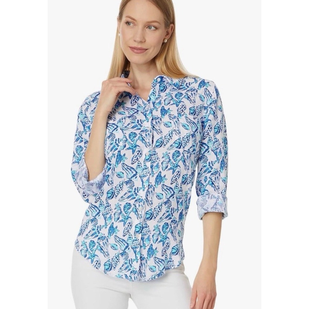 Lilly Pulitzer Sea View Button Down Shirt Blue White Seashell Linen 004723 small